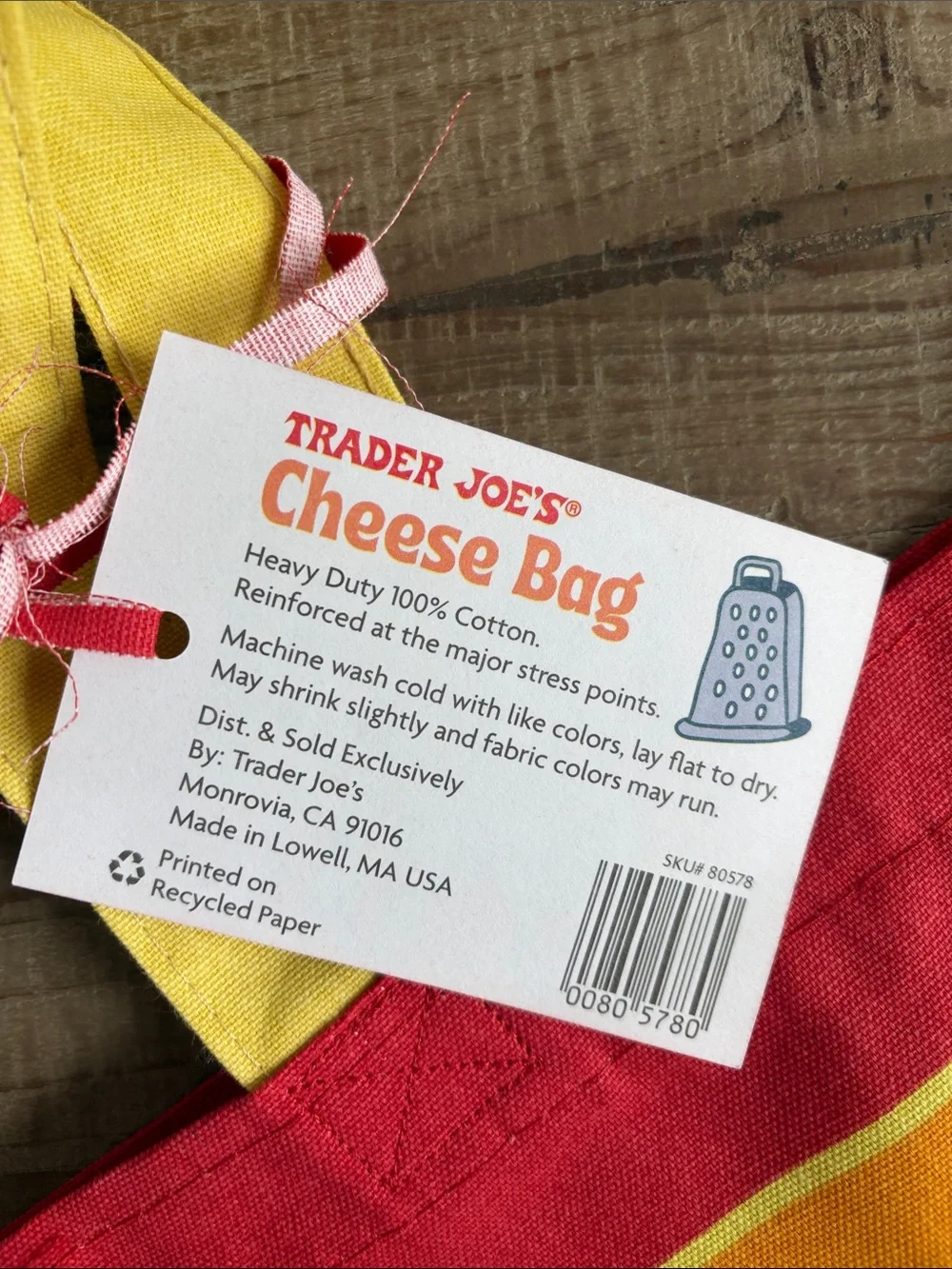 Trader Joe's Red & Yellow 'Cheese Experience' Tote Bag. 💯 cotton. NWT.